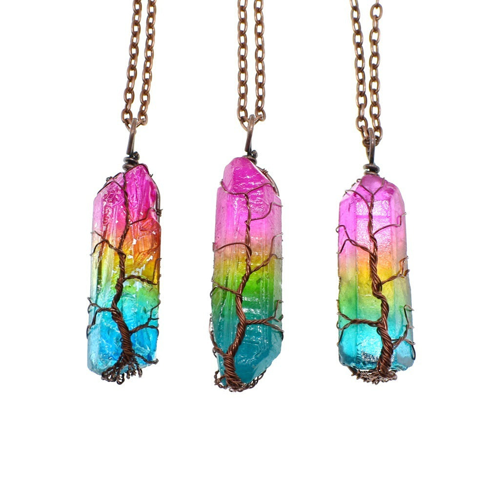 Hot Selling Stone Crystal Pillar Tree Of Life Pendant Ins Fashion Necklace.