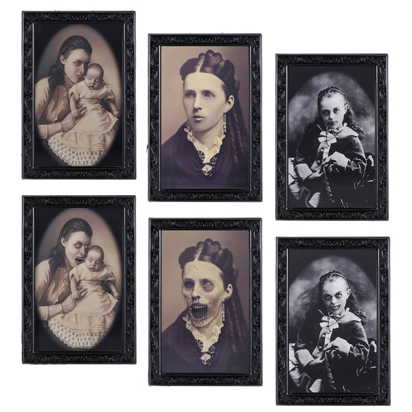 Set of framed black and white portraits with a Halloween-themed spider web background.