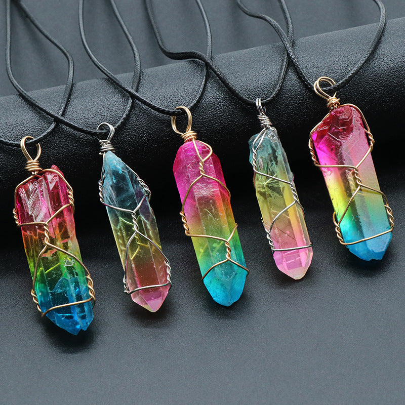 Hot Selling Stone Crystal Pillar Tree Of Life Pendant Ins Fashion Necklace.