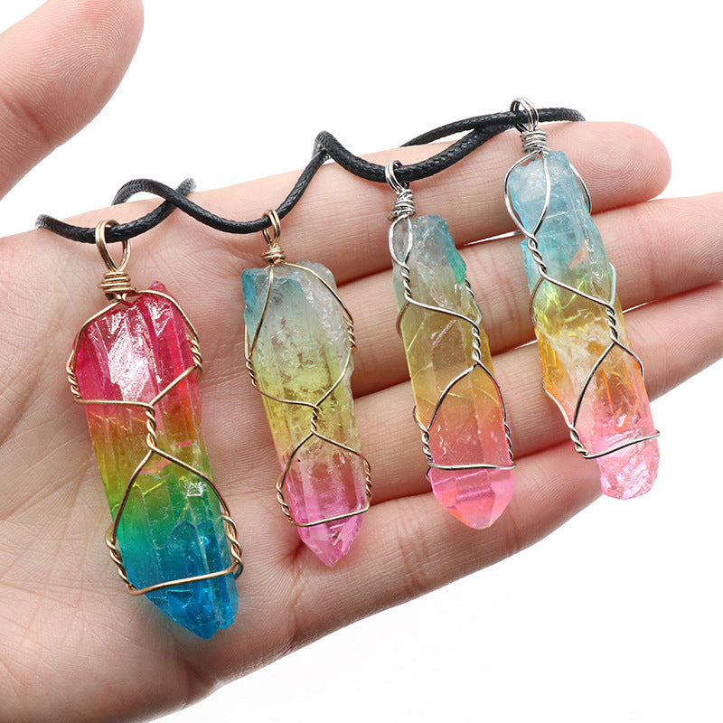 Hot Selling Stone Crystal Pillar Tree Of Life Pendant Ins Fashion Necklace.