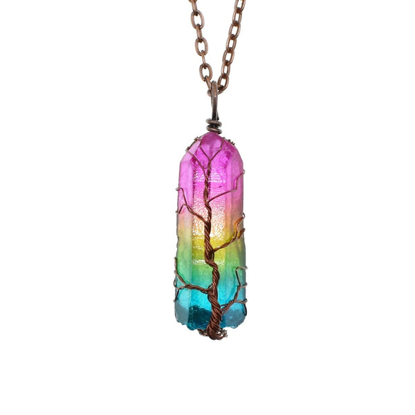 Hot Selling Stone Crystal Pillar Tree Of Life Pendant Ins Fashion Necklace.