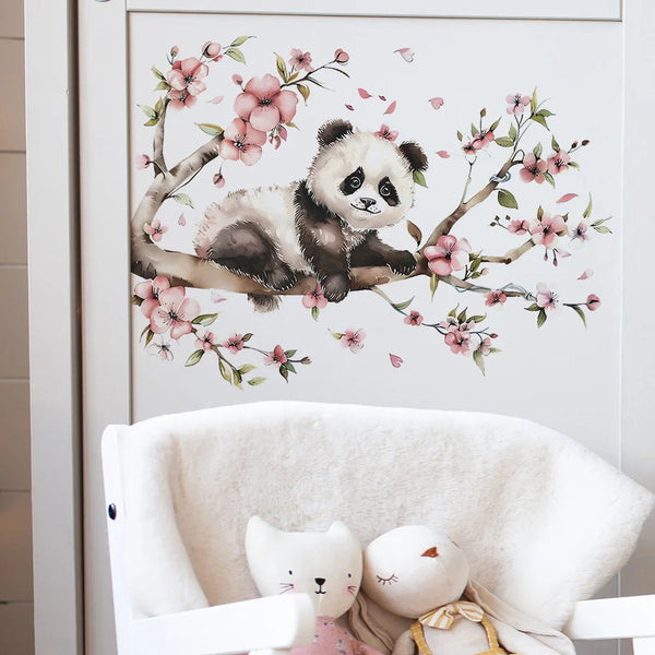 Cartoon Panda Branch Flower Wall Sticker Living Room Background Decoration Wallpaper Kid Bedroom Home Decor Self-adhesive Decals