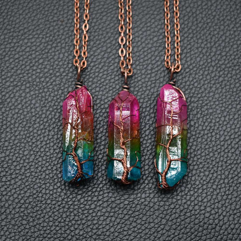 Hot Selling Stone Crystal Pillar Tree Of Life Pendant Ins Fashion Necklace.