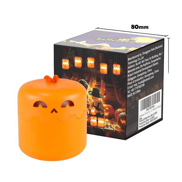 Orange Halloween-themed product with dimensions and packaging details on a white background