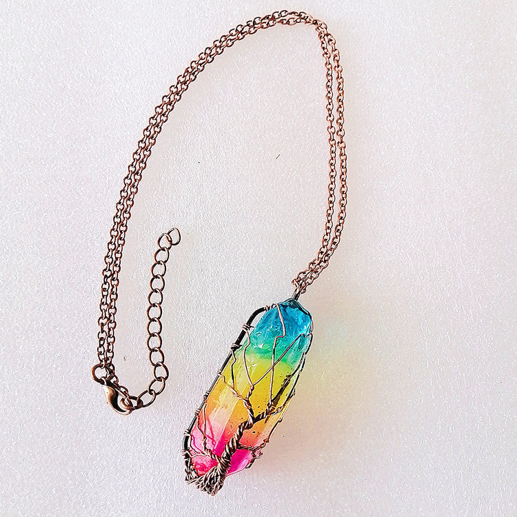 Hot Selling Stone Crystal Pillar Tree Of Life Pendant Ins Fashion Necklace.